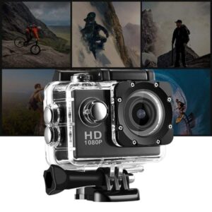 Black action camera with HD 1080p display.