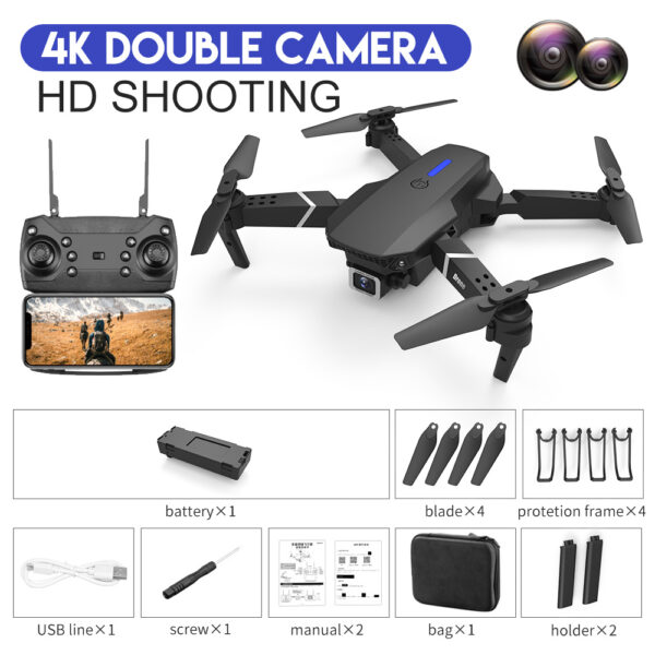 Black drone with 4k camera and controller.