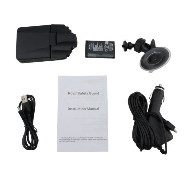 Car dashboard camera with accessories and manual.