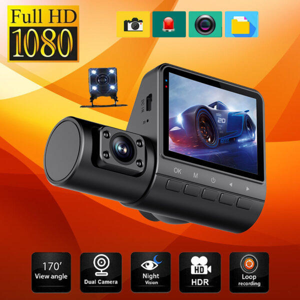 Black dual-lens dash cam with display