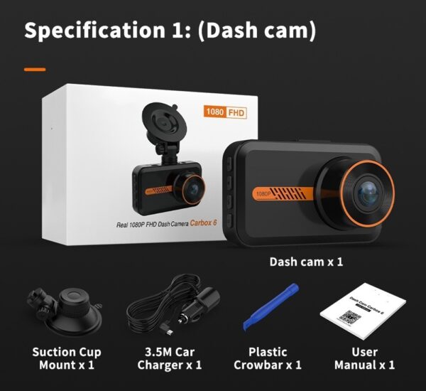 Black dash cam with orange accents and accessories.