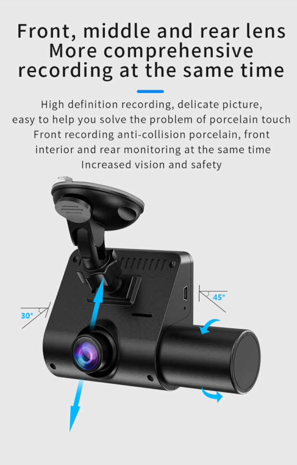 Black car dashcam with 3 lenses.