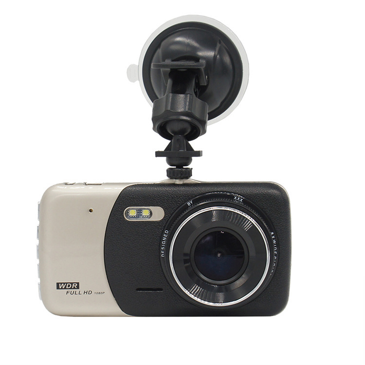 Black dash cam with suction cup mount.