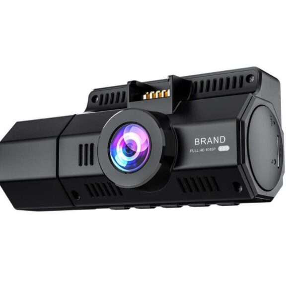 Black car dash camera with wide lens.