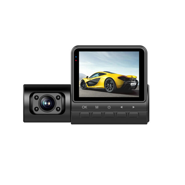 Black dual dash cam with yellow car display.