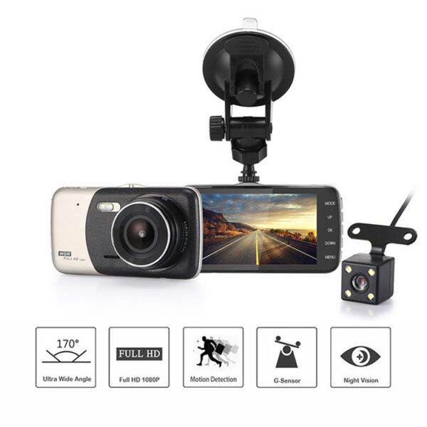 Black dashcam with 170 degree wide angle lens.