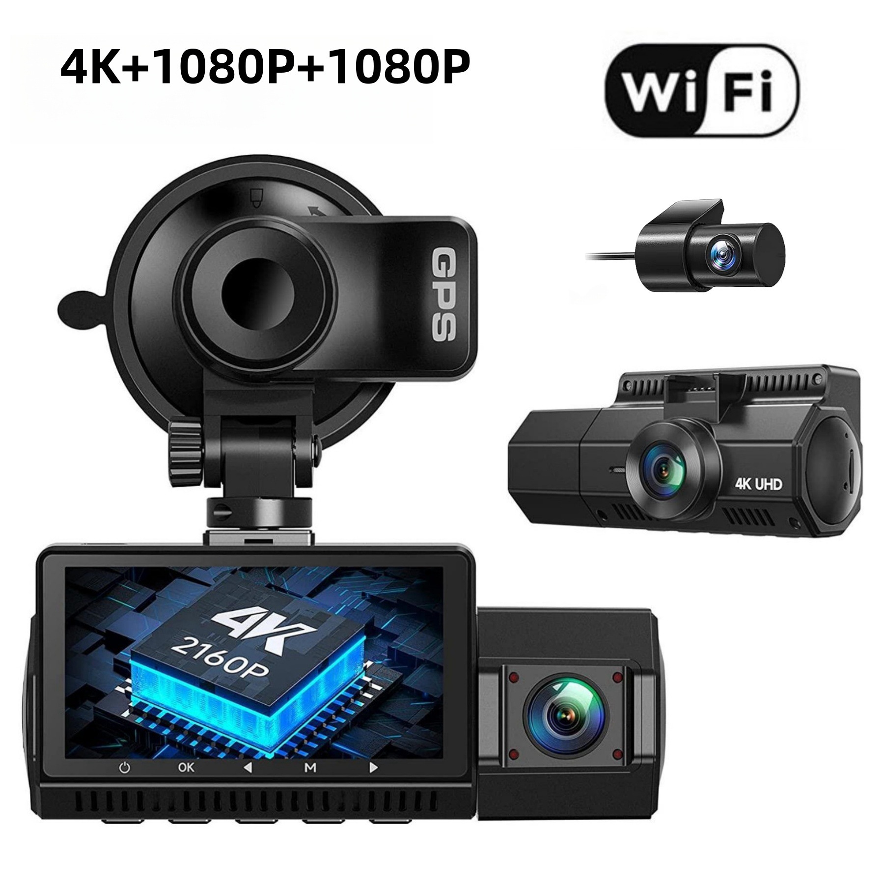 Black 4K dash cam with GPS and Wi-Fi.