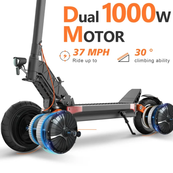 Black electric scooter with dual motors.