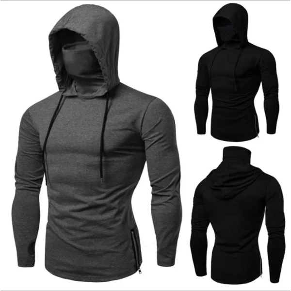 new Mens Gym Thin Hoodie Long Sleeve Hoodies With Mask Sweatshirt Casual Splice Large Mask Hoodie Sweatshirt Hooded Tops Cycling - Image 2