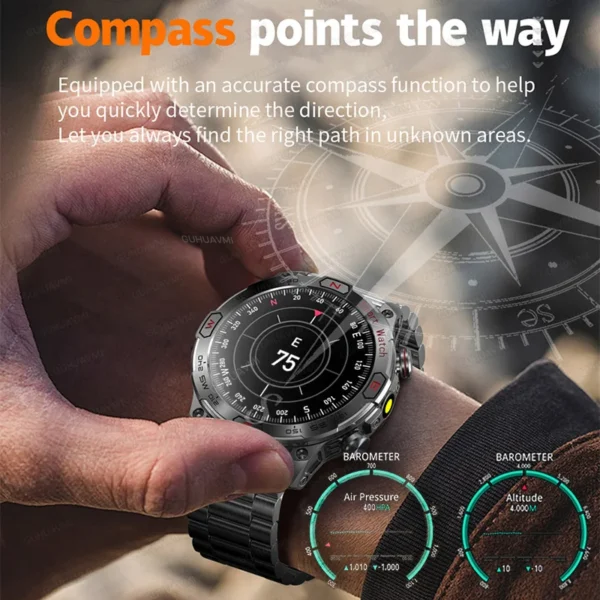 Smartwatch with compass and barometer readings.