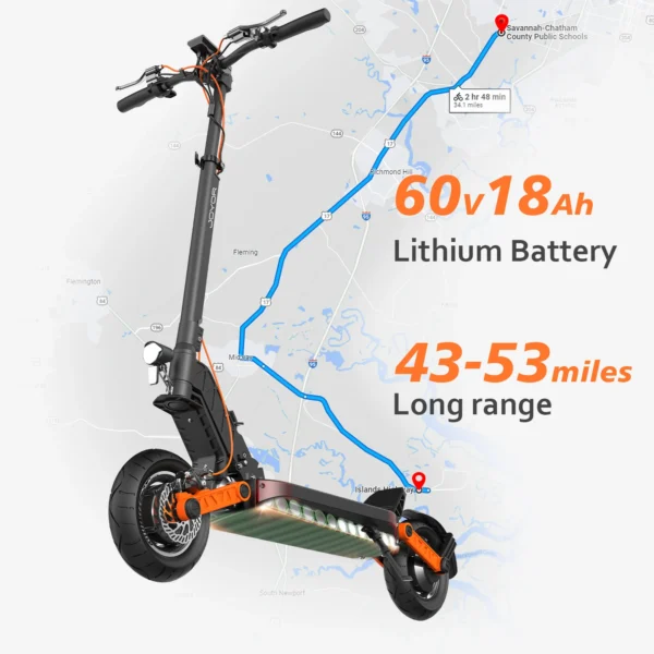 Electric scooter with long range battery.