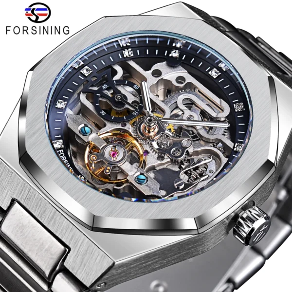 Silver automatic skeleton wristwatch with diamonds.