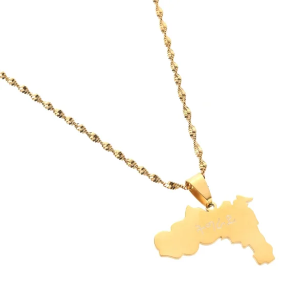 Gold necklace with map pendant.