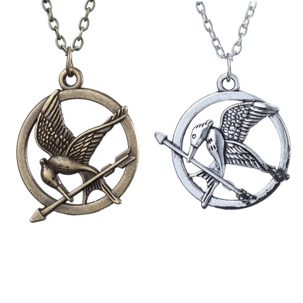 Mockingjay necklace in silver and bronze.