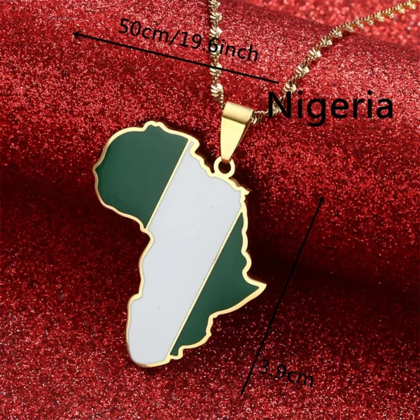 Gold Nigerian flag necklace on red background.