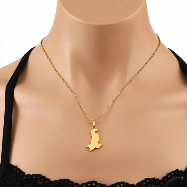 Gold necklace with Pakistan map pendant.