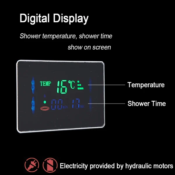 Digital display showing shower time and temperature.