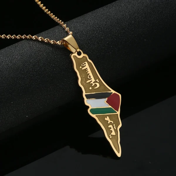 Gold Palestine map necklace with flag.