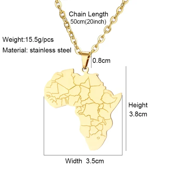 Gold necklace with an African map pendant.