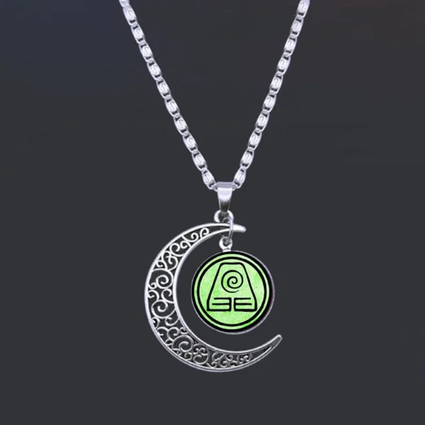 Silver crescent moon necklace with Earth symbol.