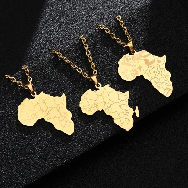 Three gold Africa map necklaces.