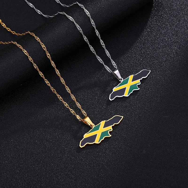 Two gold and silver Jamaica flag necklaces.