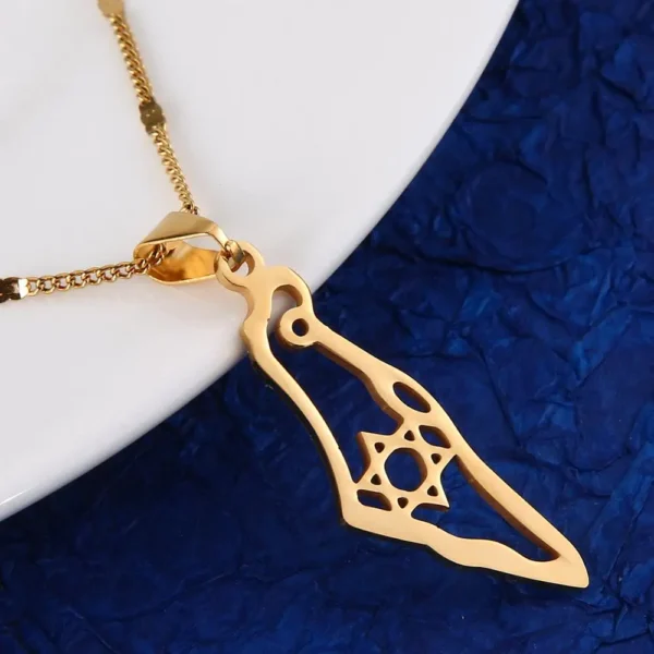 Gold necklace with Israel outline and star.