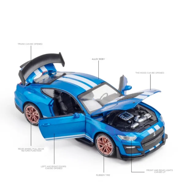 Blue toy car with open hood and doors.