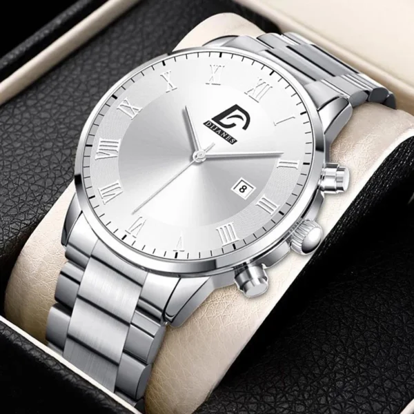 Silver analog watch with Roman numerals.