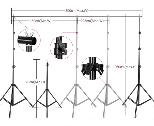 Black adjustable photography backdrop stand.