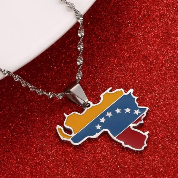 Venezuela flag pendant necklace on red background.