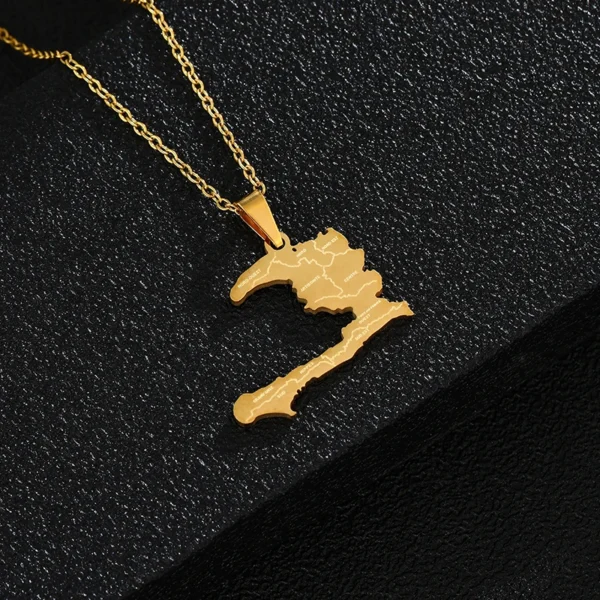 Gold necklace with Haiti map pendant.