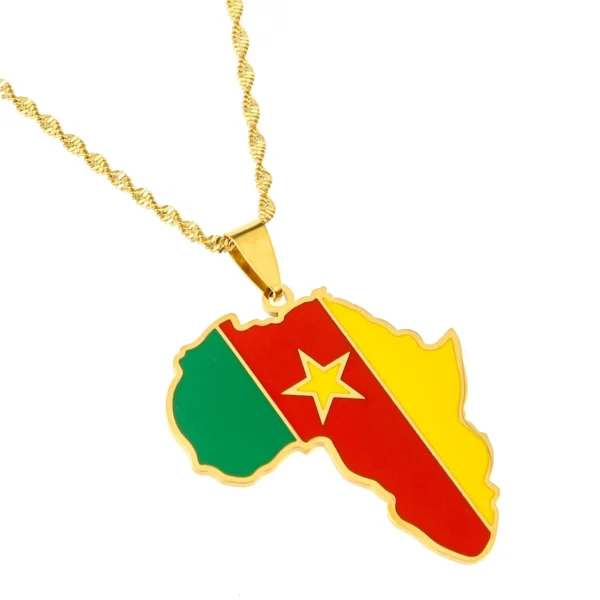 Gold chain with Cameroon flag pendant.