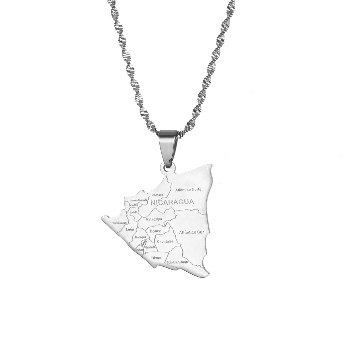 Silver necklace with Nicaragua map pendant.