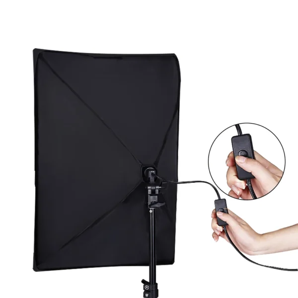 Black photography softbox with stand and switch.