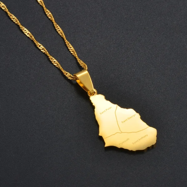 Gold necklace with Barbados map pendant.