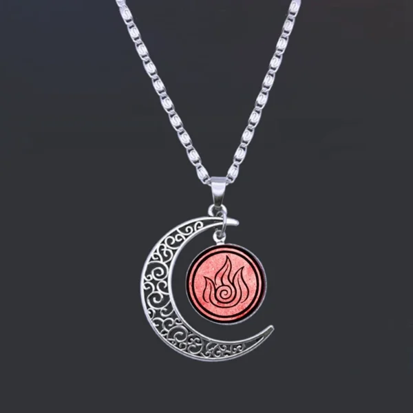 Silver necklace with crescent moon and fire symbol.