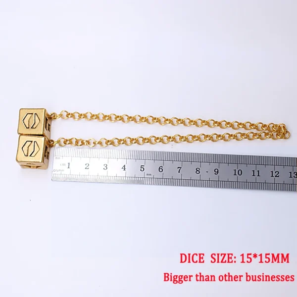 Gold chain with two large dice pendants.