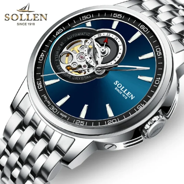 Silver automatic watch with blue face