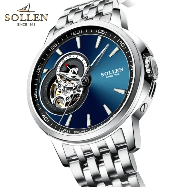 Silver automatic watch with blue face.