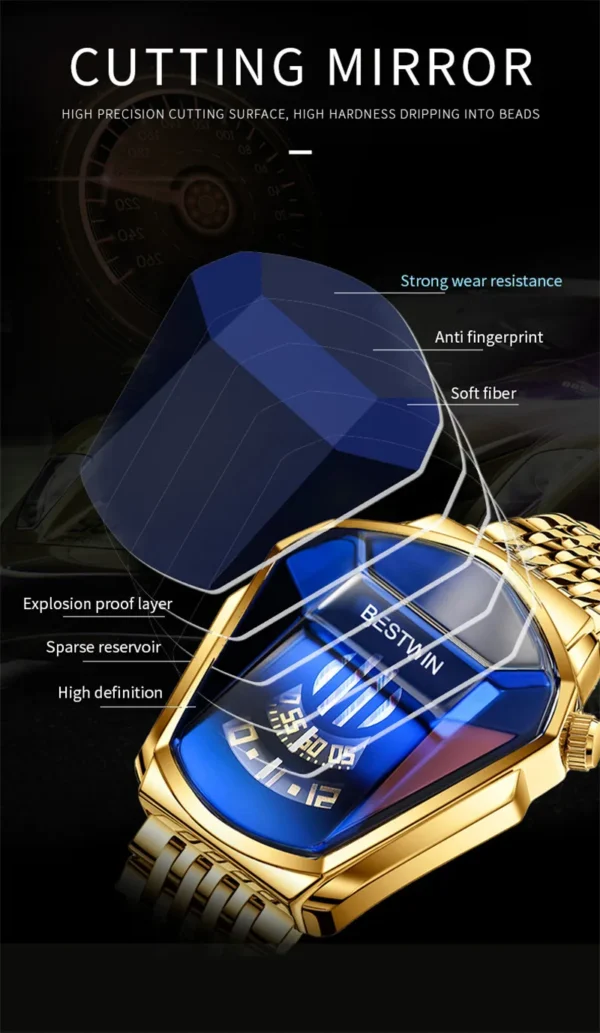 Gold watch with blue face and gold band.