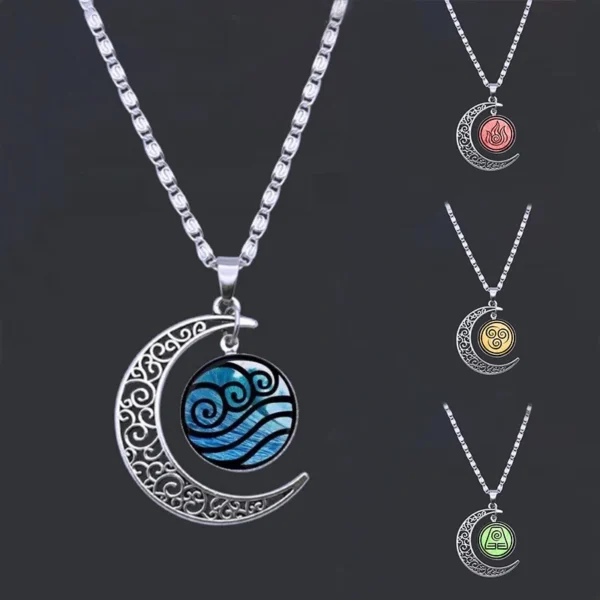 Silver crescent moon necklace with water tribe symbol.