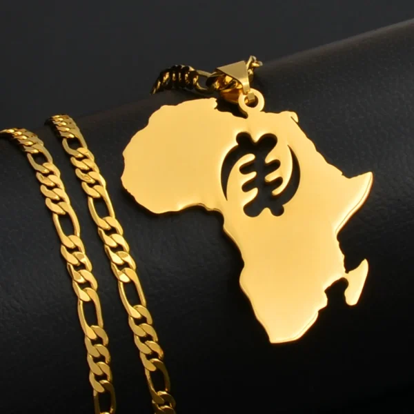 Gold African continent necklace with Adinkra symbol.