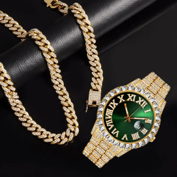 Gold chain and green diamond watch.