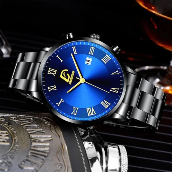 Black and blue men's wristwatch with Roman numerals.