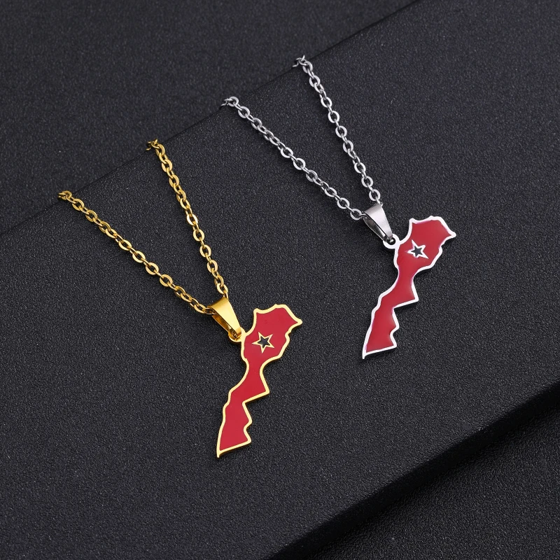 Morocco map pendant necklaces in gold and silver.