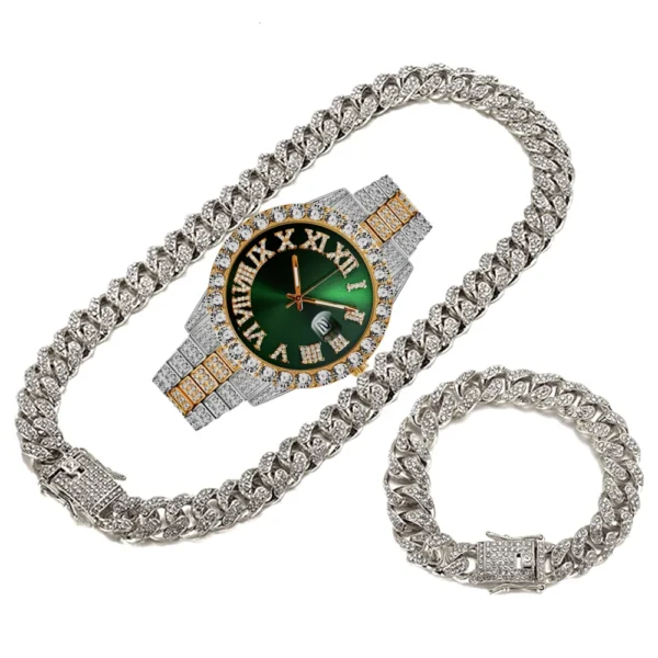 Diamond Cuban Chain and Green Watch