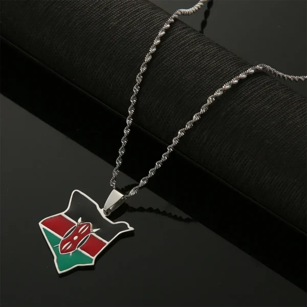 Silver chain with Kenyan flag pendant.