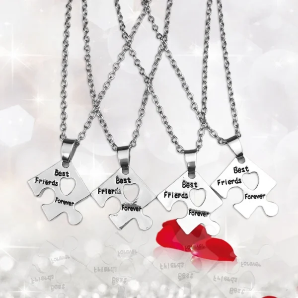 Four silver best friends forever puzzle necklaces.