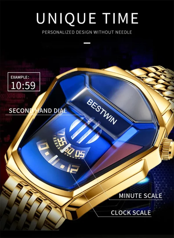 Gold watch with blue face and unique design.